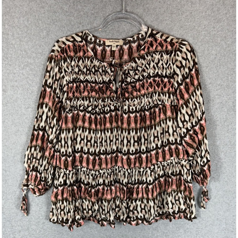 Haute Hippie Tribe Blouse Womens Large Pink Brown Ikat Boho Smocked Sleeve Top